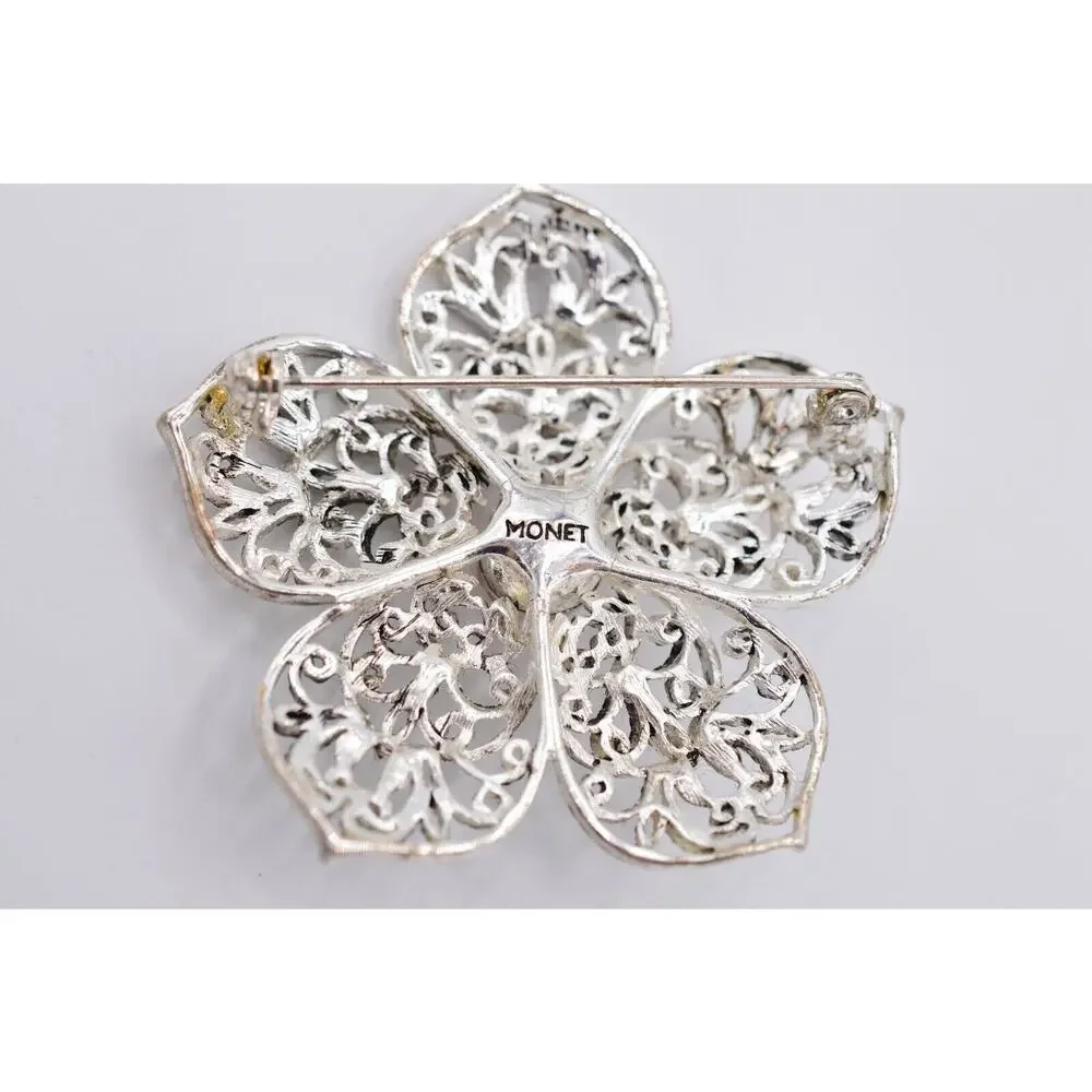 Monet Vintage Pin Brooch Silver Filigree Pink Crystal Flower Shiny Signed Bin5B